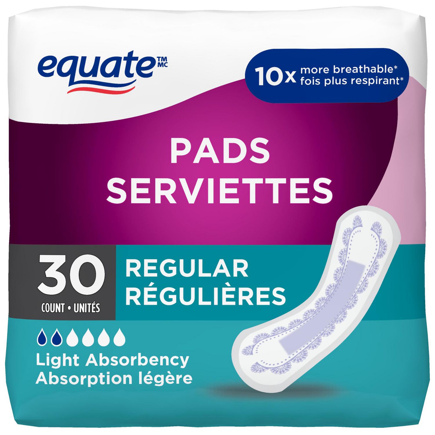 Equate Coussinets de Contrôle de Vessie Légers Discrets, Doublure d'Incontinence à Absorption Légère Montrée Orientée vers l'Avant; Coussinet Blanc Simple Étiqueté à Absorption Rapide sur Fond Simple de studio, Forme Profil Bas visible, Conçu pour les Fuites de Vessie Légères.