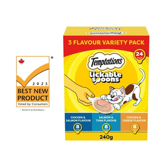 TEMPTATIONS LICKABLE SPOONS Adult Cat Treats Tasty Chicken & Savoury Salmon Flavour, Savoury Salmon & Tempting Tuna Flavour, Tasty Chicken & Cheesy Cheese Flavour, 24x10g