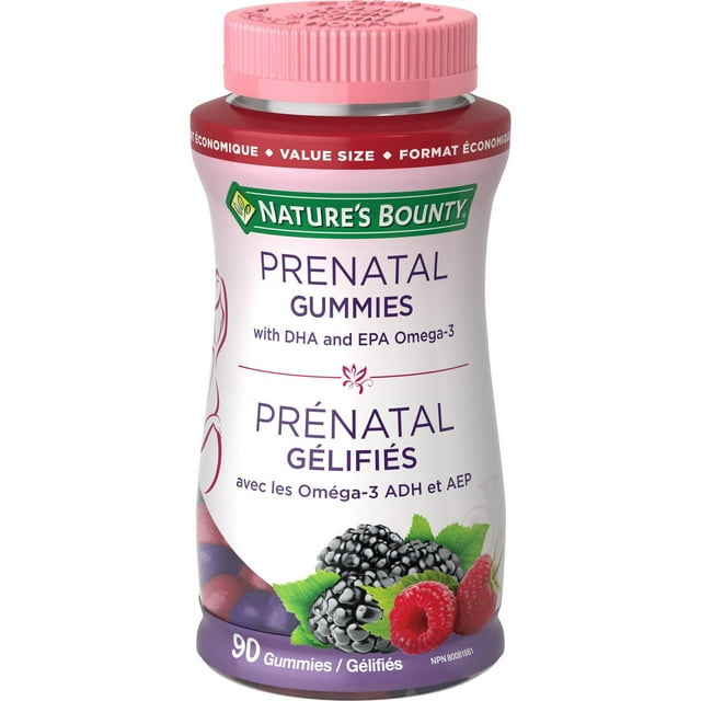 NATURE'S BOUNTY Prenatal Gummies with DHA & EPA Omega-3 – Helps Reduce Neural Tube Defect Risk, Supports Early Fetal Development, Collagen Formation & Immune Health, Value Size 90 Count
