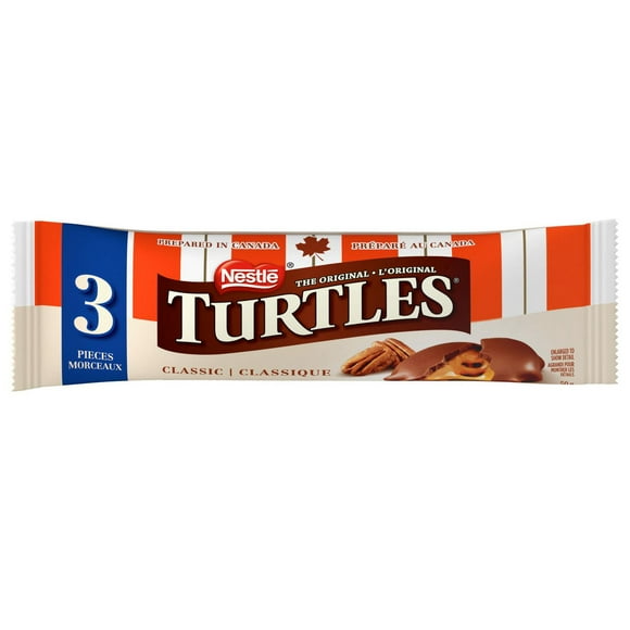 TURTLES Méga, barre de 3&nbsp;morceaux, caramel onctueux et pacanes nappés de riche chocolat au lait, préparé au Canada, sans gluten, cacao de sources durables, bas de Noël, 50 g 50 g