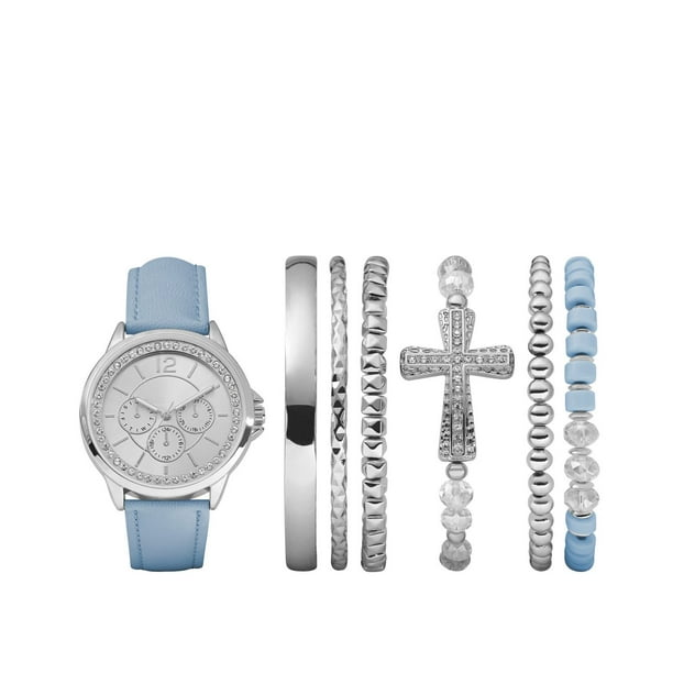 Montre empilable Fashion Watches pour femmes en ton argent avec 6 bracelets assortis