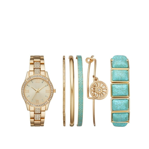 Montre superposable Fashion Watches pour femmes de couleur or avec six bracelets variés
