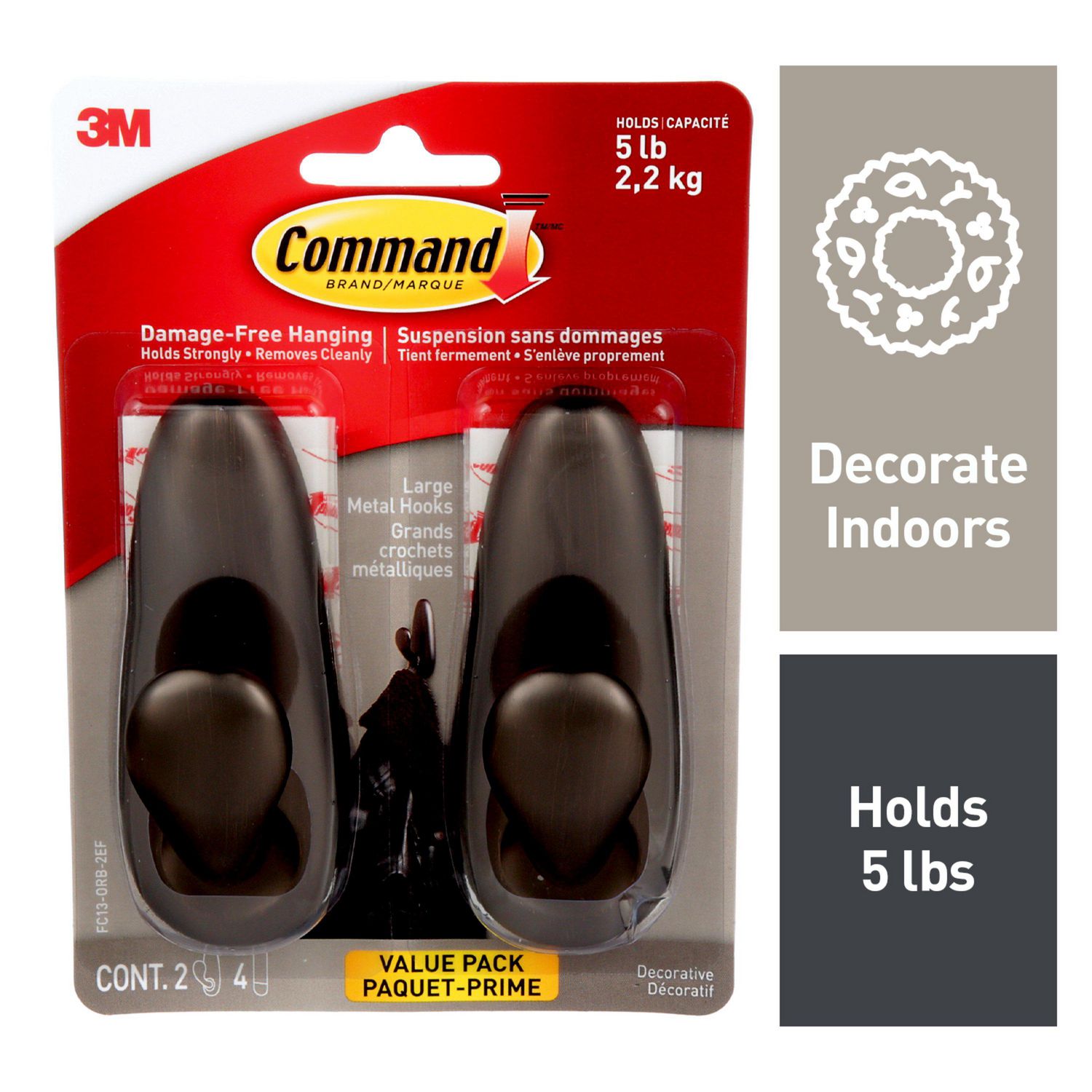 Command™ Large Forever Classic Oil Rubbed Bronze Metal Hook, FC13-ORB-2EF,  2 pack