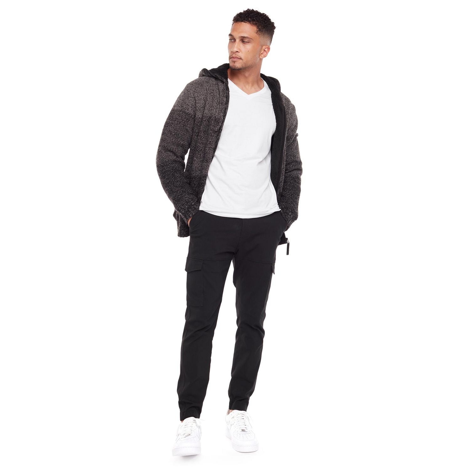 Dark Black Men's Long-Sleeve Hooded Full Zip Sweater