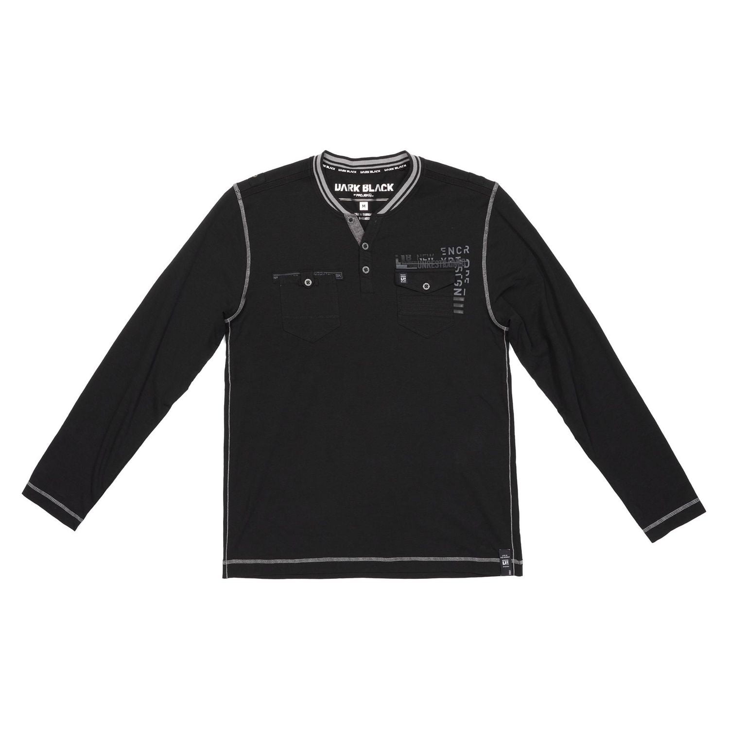 Dark Black Men's Long-Sleeve Henley T-Shirt with Pockets