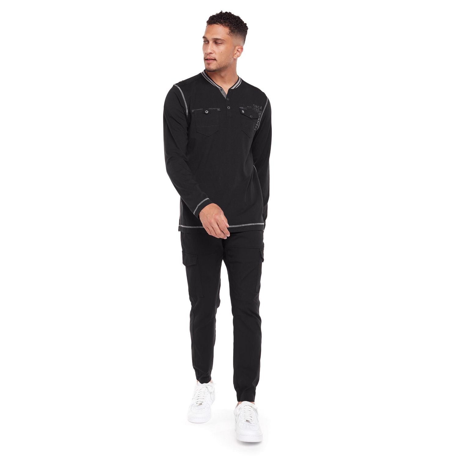 Dark Black Men's Long-Sleeve Henley T-Shirt with Pockets