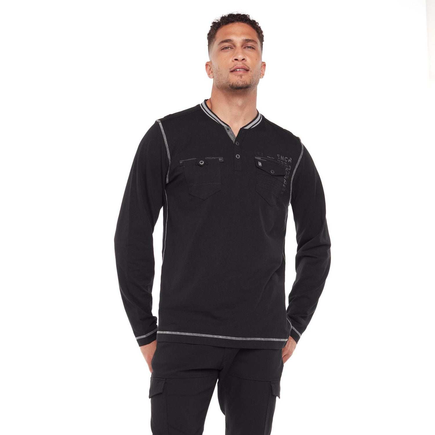 Dark Black Men's Long-Sleeve Henley T-Shirt with Pockets