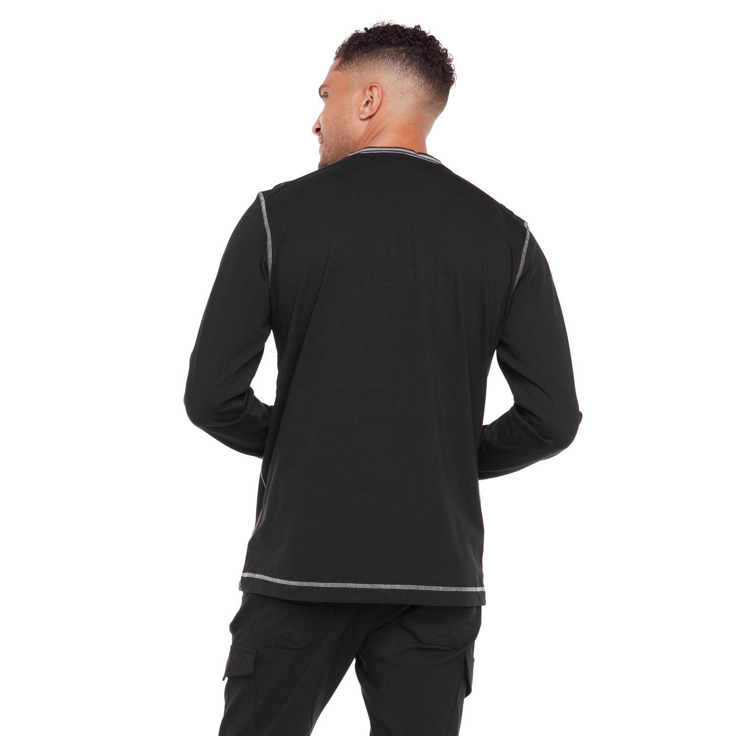 Dark Black Men's Long-Sleeve Henley T-Shirt with Pockets