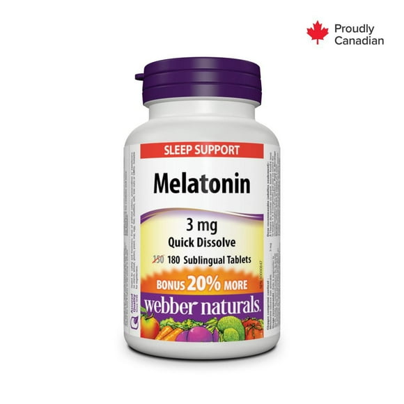 Webber Naturals Mélatonine Dissolution rapide, 3 mg 180 comprimés sublinguaux, PRIME ! 20 % de plus,