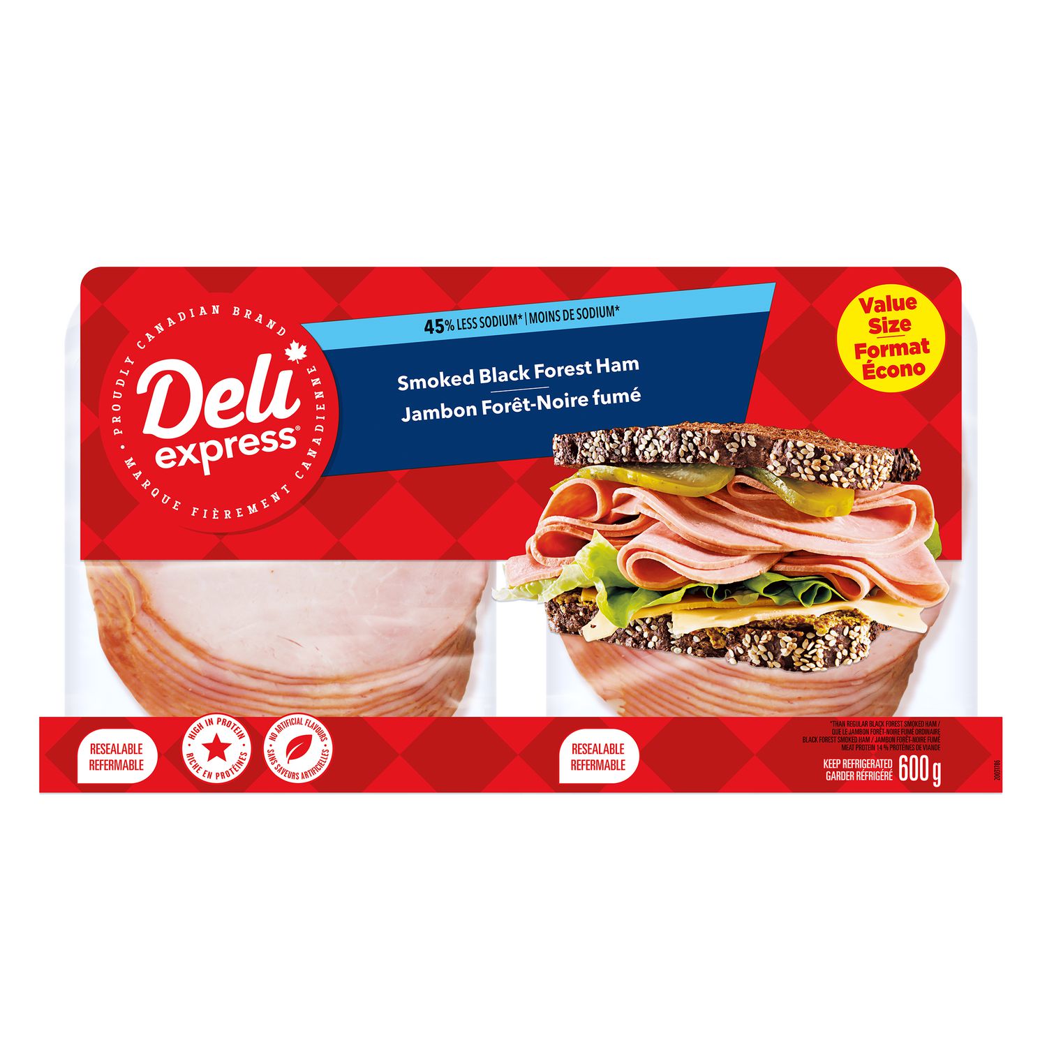 Deli Express Smoked Black Forest Ham, 600 g packaged sliced deli meat in a resealable easy-to-open pack showing thin smoked ham slices; gluten-free sandwich meat suitable for hearty sandwiches and often used on charcuterie boards.