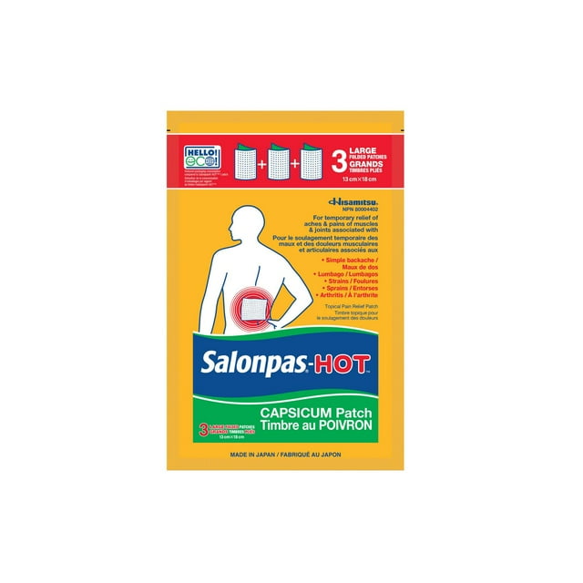 Salonpas Hot Topical Pain Relief Capsicum Patch, 3 Large Folded Patches