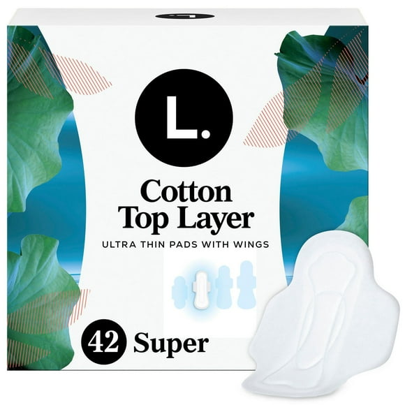 L. Ultra Thin Pads for Women, Super Absorbency, Organic Cotton Top Layer, Unscented Pads with Wings