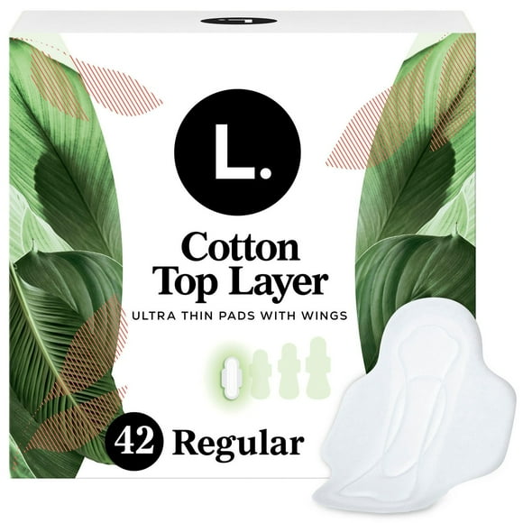 L. Ultra Thin Pads for Women, Regular Absorbency, Breathable Cotton Top Layer, Unscented Pads with Wings