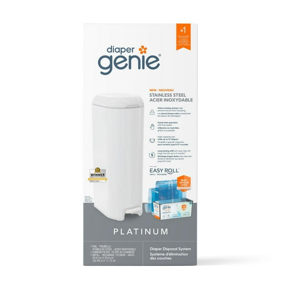 Diaper Genie Platinum Pail – Lilly white, Made in durable stainless steel