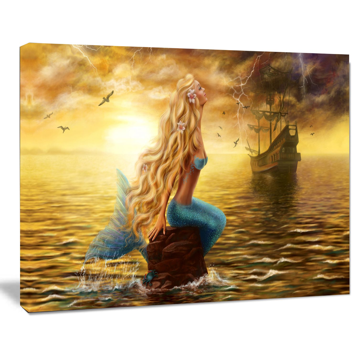 Design Art Sea Mermaid with Ghost Ship Seascape Digital Art Canvas Print 