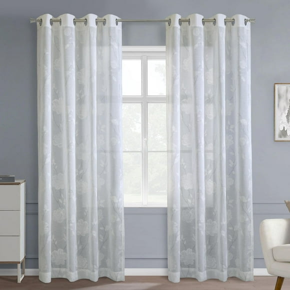 Loft Living Greeley, panneau de rideau à oeillets diaphane à motif de branches sur faux lin 52" x 84", blanc