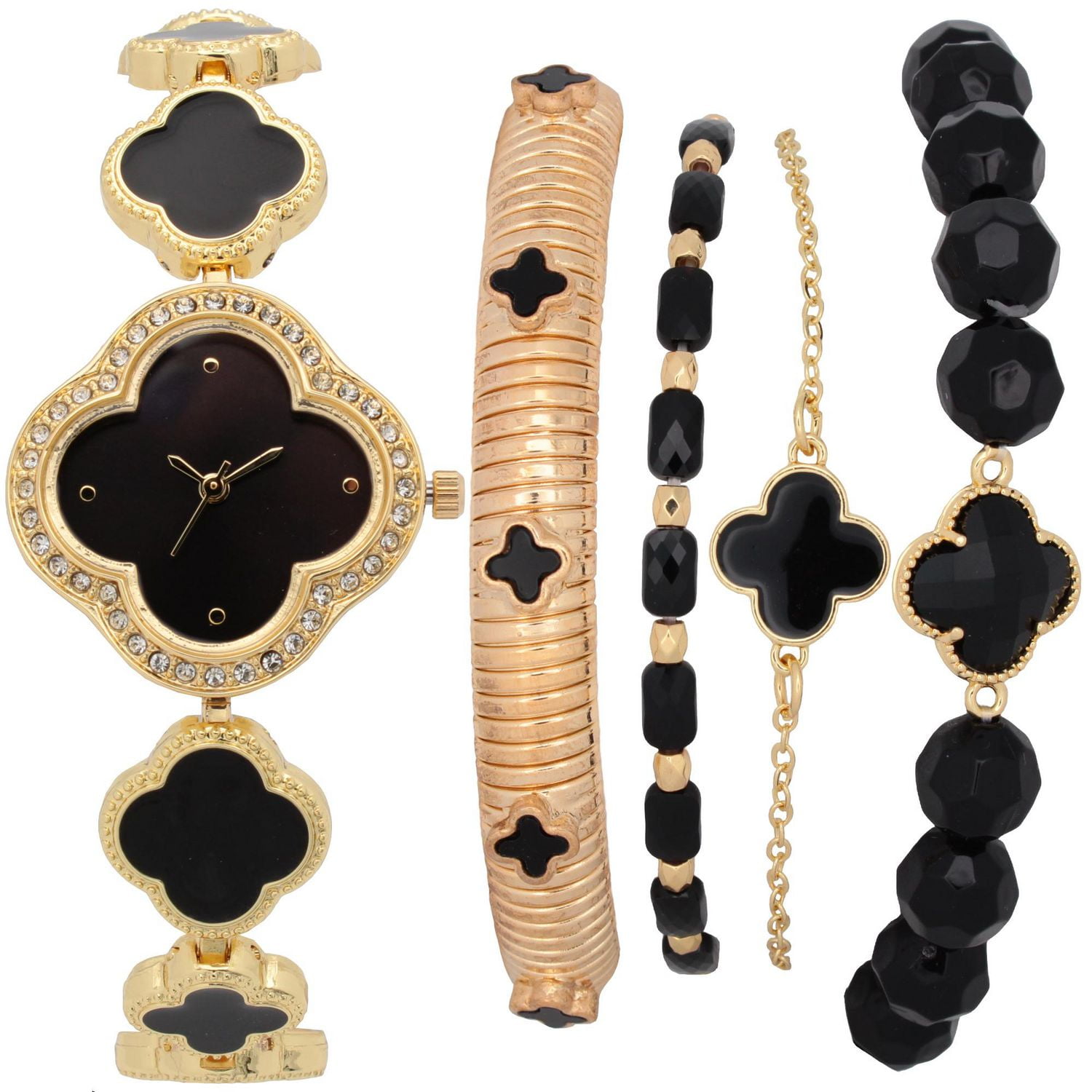 Ladies Fashion watch with black clover bracelet set, Fashion Watch Set