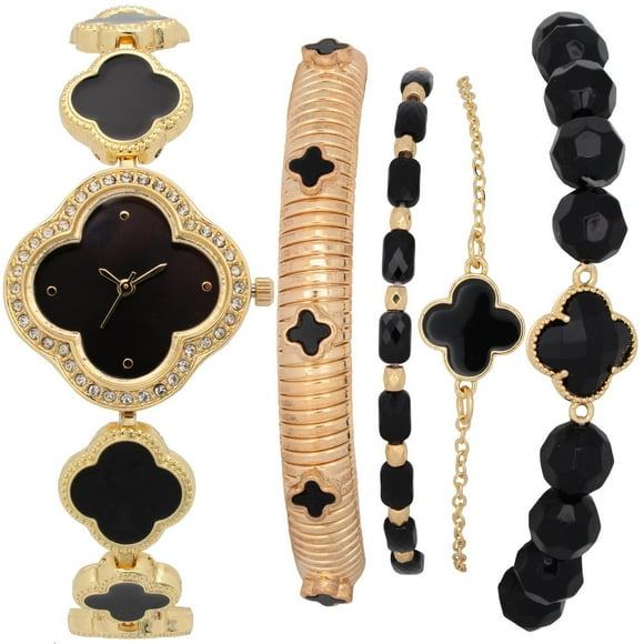 Ladies Fashion watch with black clover bracelet set