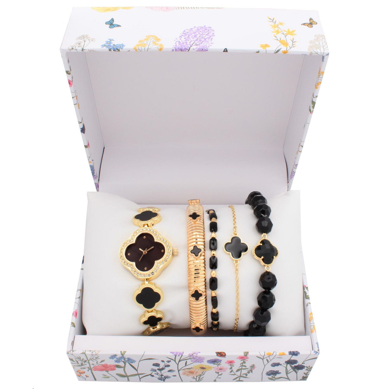 Montre de mode pour femme avec ensemble bracelet trefle noir