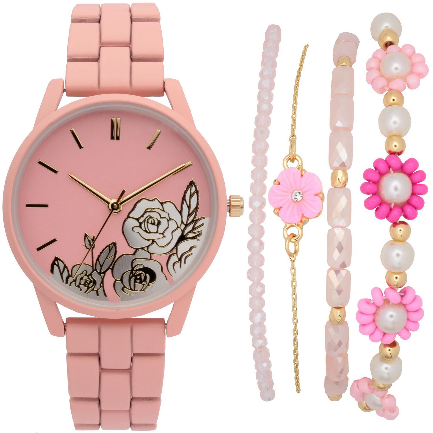 Montre de mode pour femme avec ensemble bracelet fleuri rose