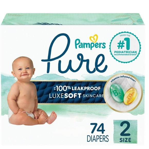 Pampers Pure Baby Diapers, Size 2 (12-18 lbs), 74, Up to 100% Leakproof, Premium Hypoallergenic Soft Diapers, 74CT