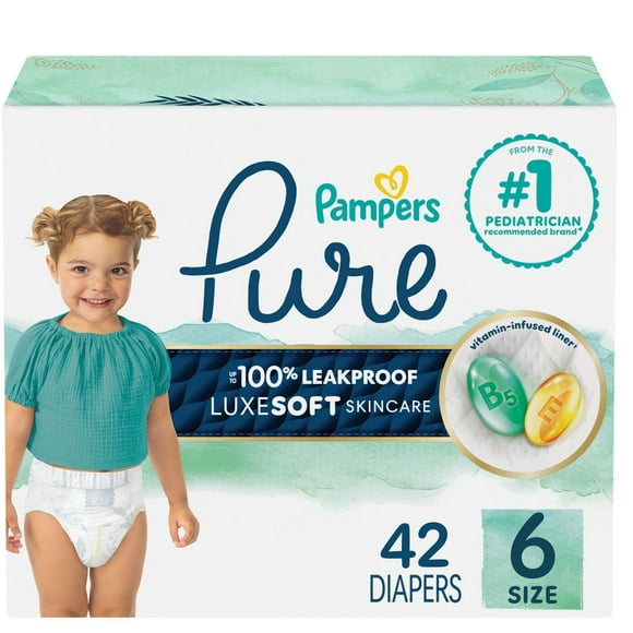 Pampers Pure Baby Diapers, Size 6 (35+ lbs), 42, Up to 100% Leakproof, Premium Hypoallergenic Soft Diapers, 42CT