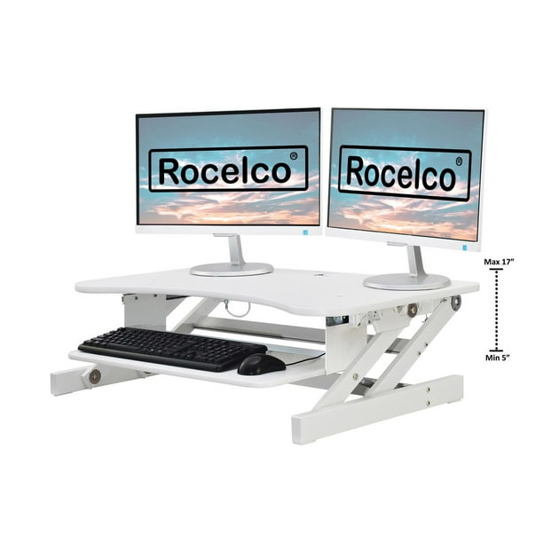 Rocelco Convertisseur de bureau debout réglable en hauteur de 32 po -  Élévateur de poste de travail pour ordinateur assis-debout - Support de  clavier rétractable à deux écrans Support à ressort à