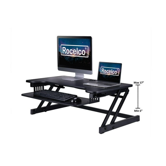 Rocelco 37.5" Deluxe Height Adjustable Standing Desk Converter - Quick Sit Stand Up Dual Monitor Riser - Gas Spring Assist Computer Workstation - Large Retractable Keyboard Tray   (Black)