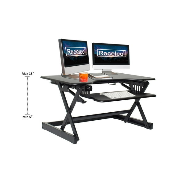 Rocelco 32" Height Adjustable Standing Desk Converter - Sit Stand Computer Workstation Riser - Dual Monitor Retractable Keyboard Tray Gas Spring Assist  (Black)