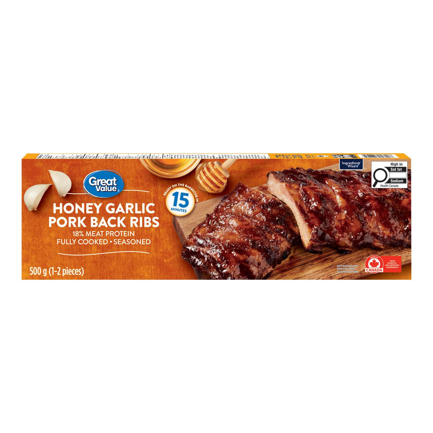 Great Value Côtes de Porc au Miel et à l'Ail Entièrement Cuites et Assaisonnées, Grilles Rôties Lentement et Glacées dans une sauce Miel et Ail Sucrée; Grille Centrée Orientée vers l'Avant avec Glaçure visible et Marques de Gril sur un Plateau. Prêtes pour le Gril en 15 minutes; Convient aux Grillades dans la Cour et aux Bouchées de Doigts pendant les Jeux.
