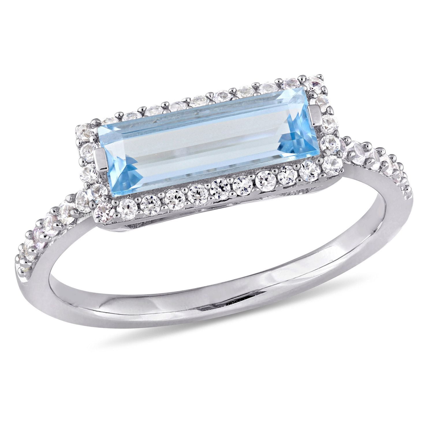 Tangelo 1.89 Carat T.G.W. Baguette-Cut Blue Topaz And White Sapphire Sterling Silver HALO Cocktail Ring