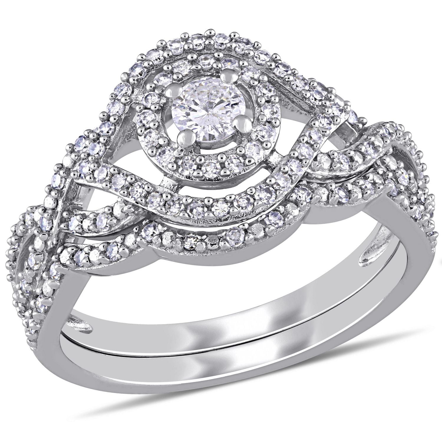 Miabella 1/2 Carat T.W. Diamond 10K White Gold Halo Crossover Bridal Set