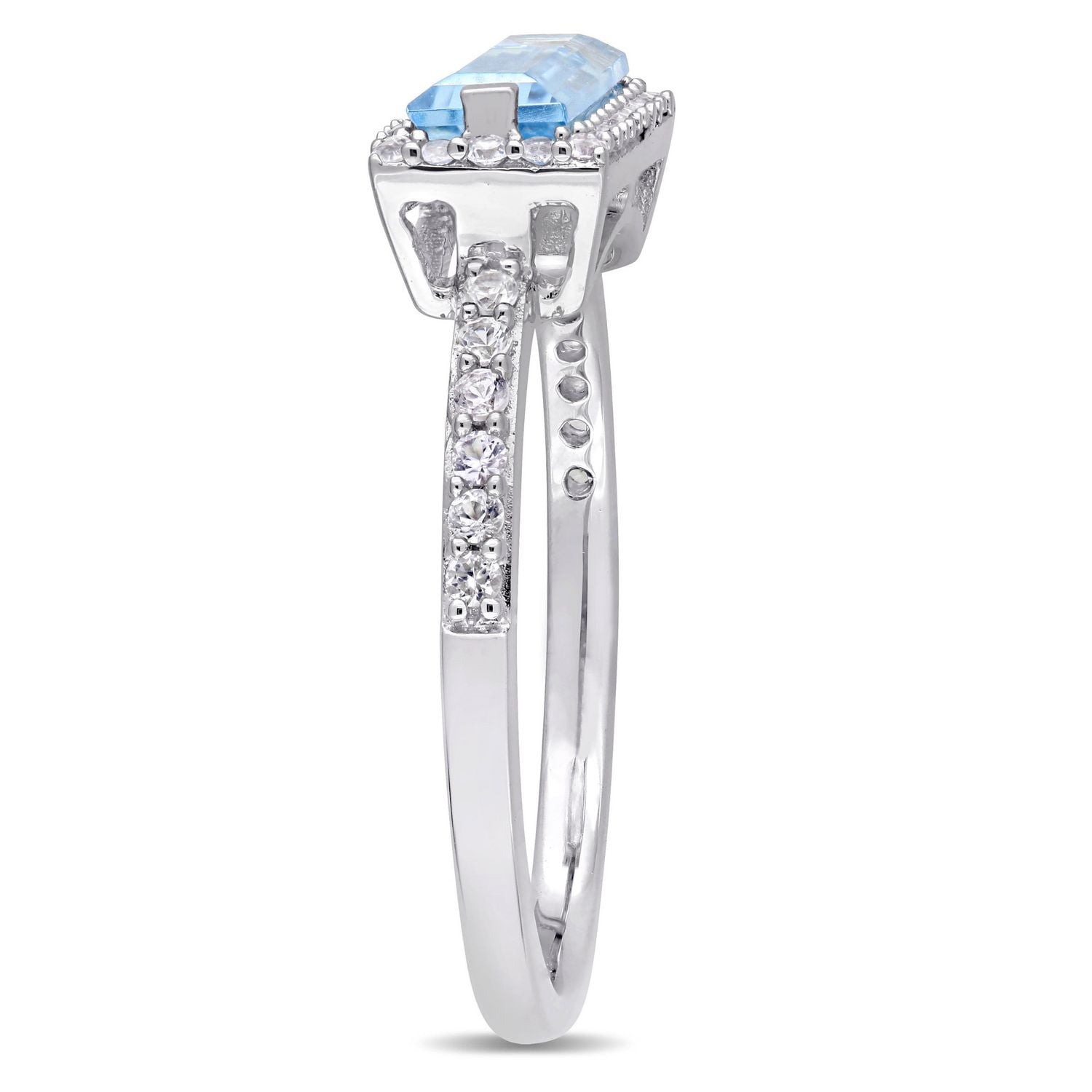 Bague cocktail de forme auréole Tangelo avec topaze bleue de coupe baguette et saphir blanc 1,89 CT PBT en argent sterling