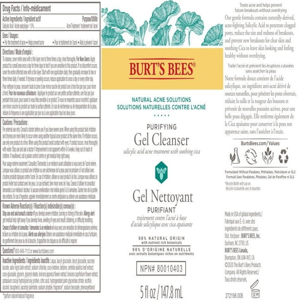 Burt's Bees Nettoyant purifiant en gel 98% d’origine naturelle,148ml