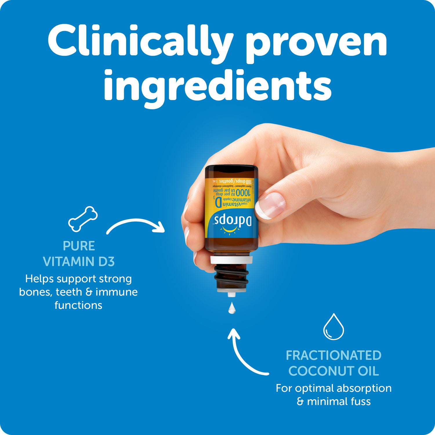 Supplément vitaminique de vitamine liquide D3 de Ddropsᴹᴰ, 1000 UI 5 ml, 180 gouttes