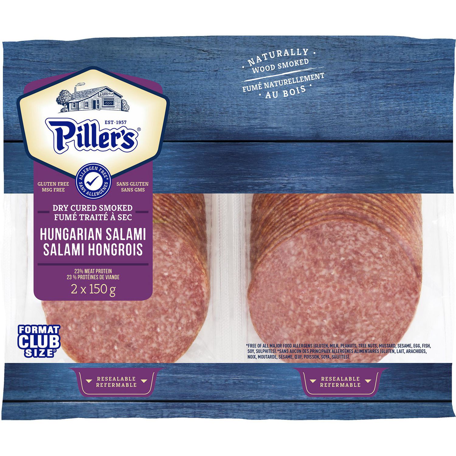 Piller's Salami Hongrois, 2 x 150 g Deux Paquets Refermables de 150 g de Salami Sec, Naturellement Fumé au Bois avec des notes Savoureuses de Gingembre, d'Ail, de Muscade et de Poivre Noir; charcuterie à Haute Teneur en Protéines, Sans Allergènes Alimentaires Majeurs, Convient aux Planches de charcuterie Ou aux sandwiches Grillés.