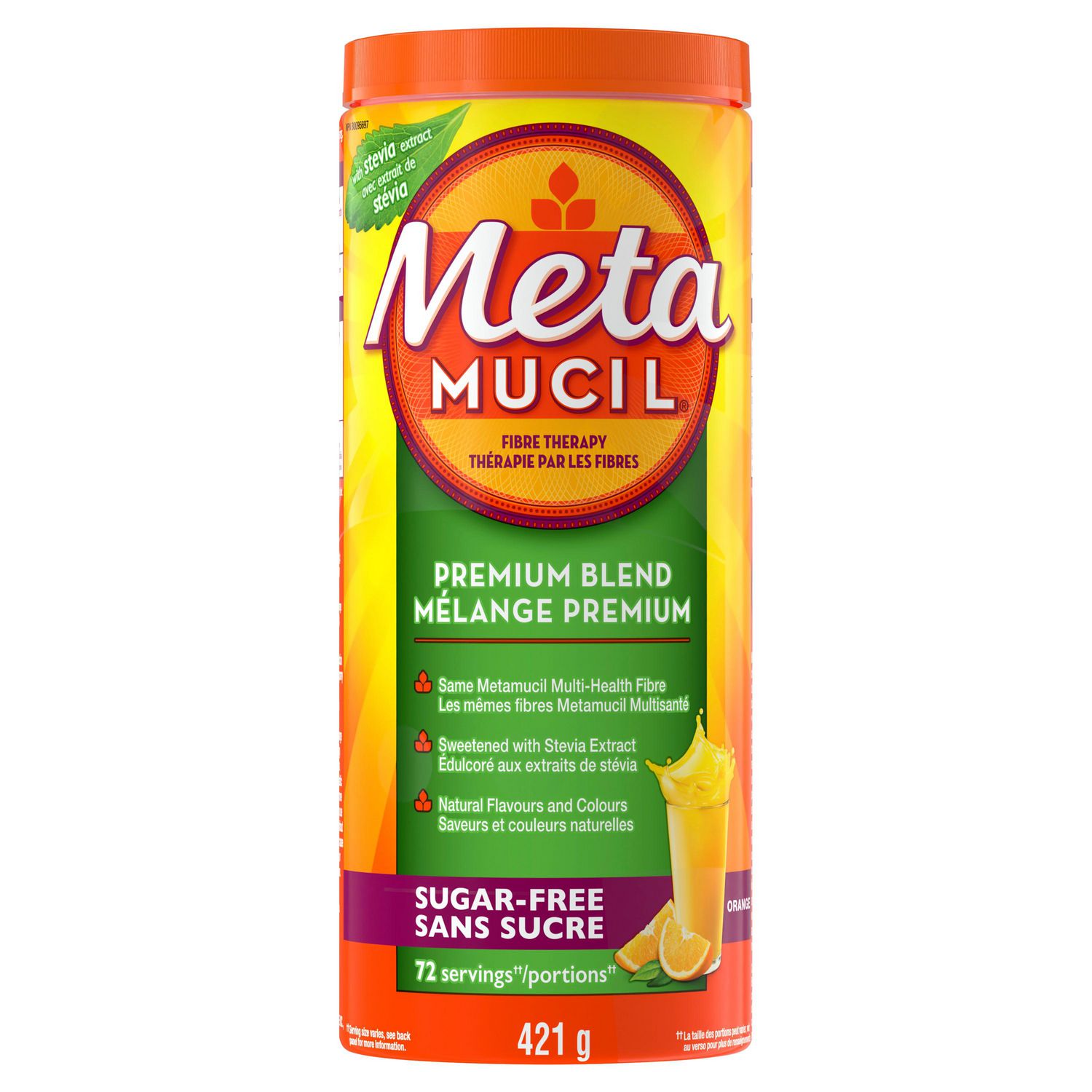 Metamucil Daily Premium Blend Fibre Powder, Sugar-Free with Stevia, Orange Flavour, 72 Servings, 4 in 1 Multi-Health Benefit, Plant-Based, Psyllium Husk, Daily Fibre for Digestive Health