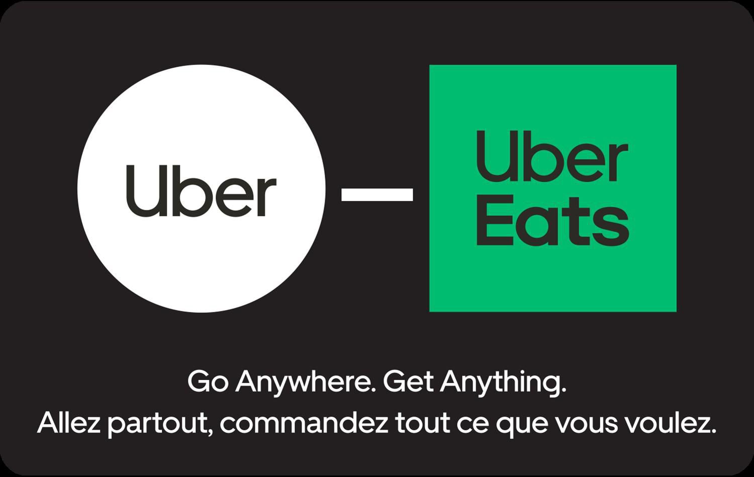 Uber CoBranded $50 eGift Card (Email Delivery) Digital eGift card for Uber and Uber Eats showing $50 value and brand name text; delivered by email to purchaser's address, suitable for gifting ride credit or ordering food delivery to a recipient's email.