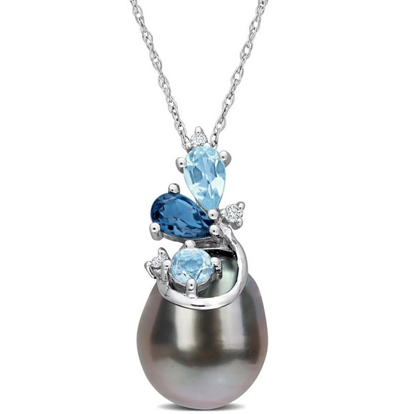Miabella Tahitian Cultured Pearl & 5/8 Carat T.G.W. Blue Topaz Diamond Accent 14K White Gold Embellished Drop Necklace