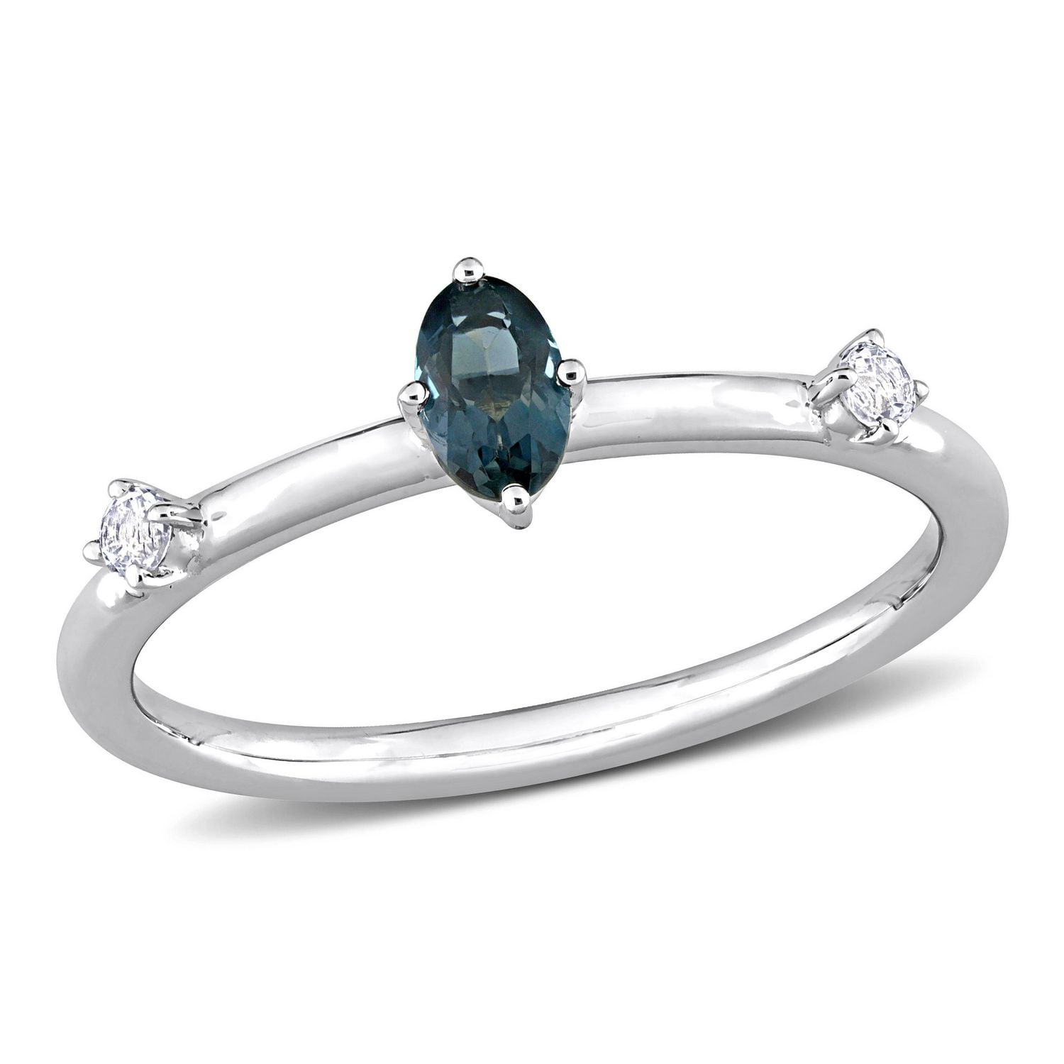 Bague ovale à 3-pierres Miabella avec 3/8 Carat PBT de topaze bleue et blanche en or blanc 10k
