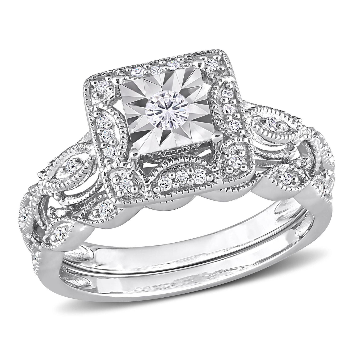 Miabella 1/5 Carat T.W. Diamond Sterling Silver Square Halo Bridal Ring Set