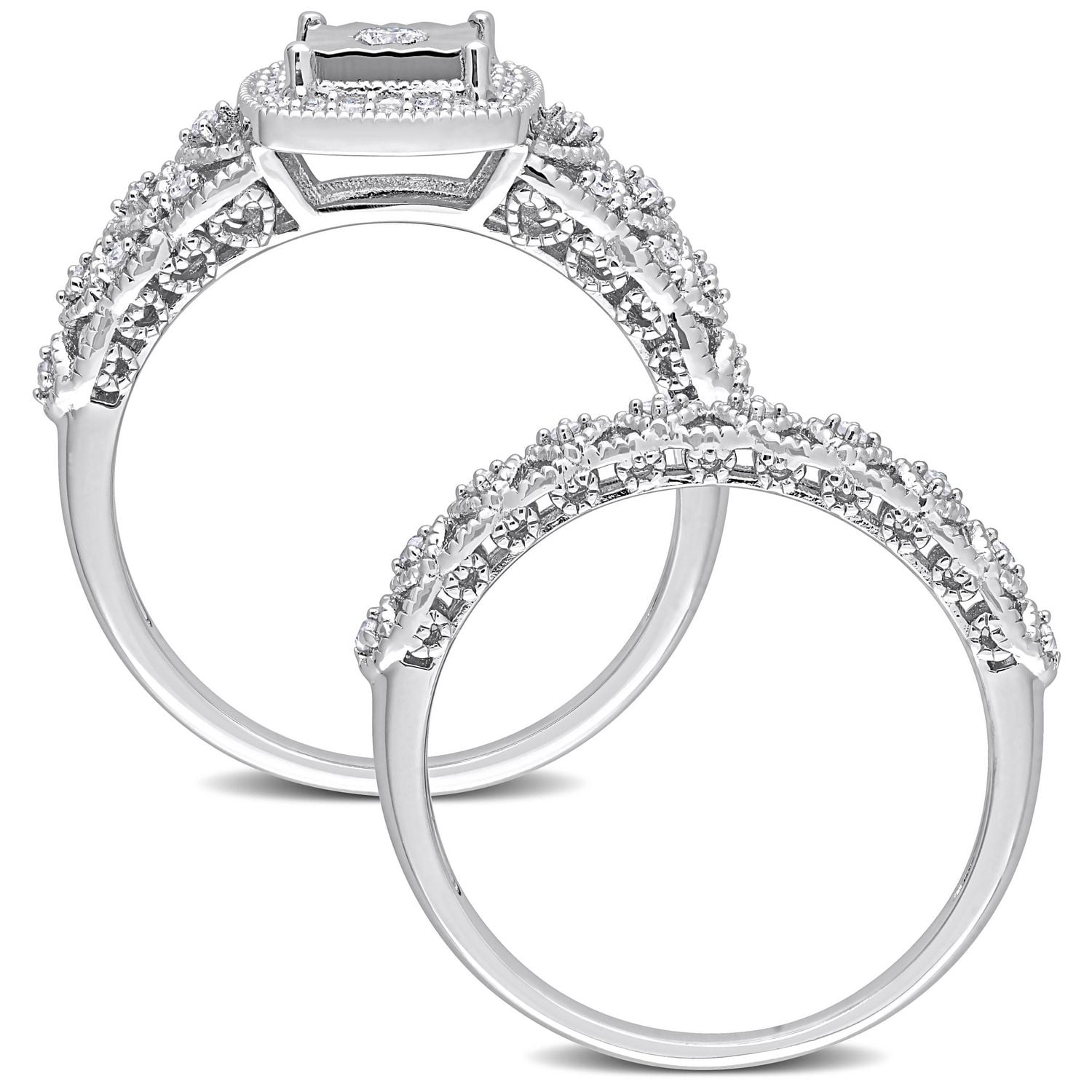 Ensemble de bague nuptiale carré à auréole Miabella avec 1/3 Carat poids total de diamant en argent sterling