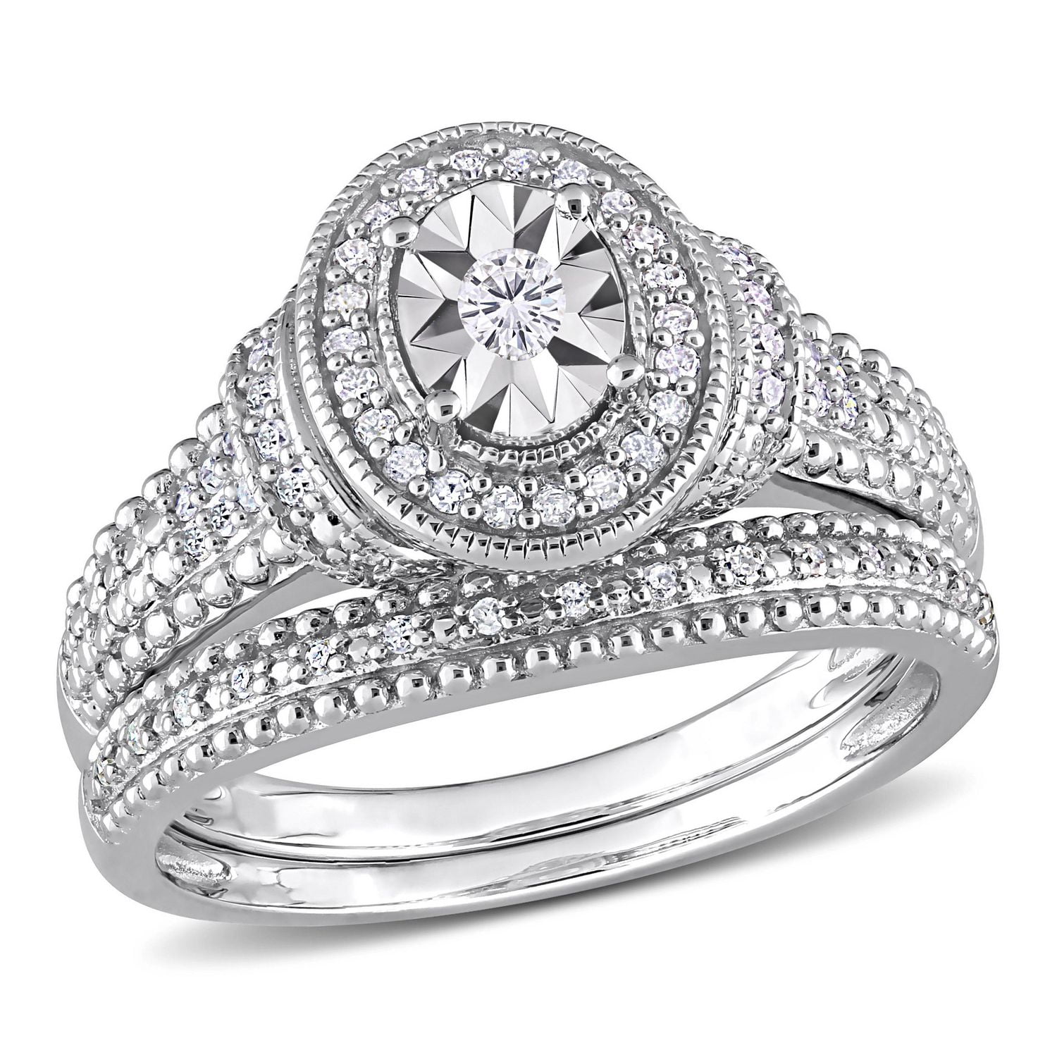 Ensemble de bague nuptiale ovale à auréole Miabella avec 1/4 Carat poids total de diamant en argent sterling