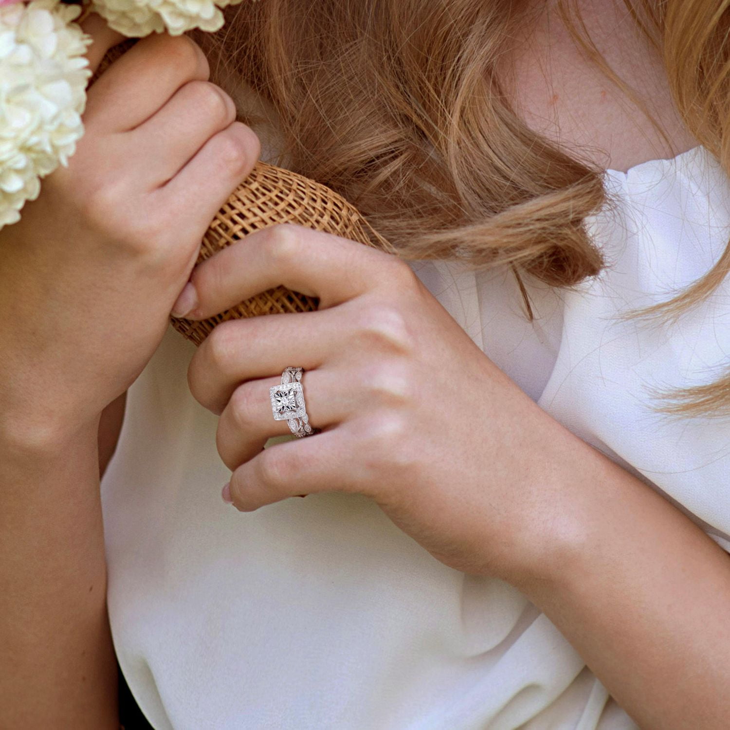 Miabella 1/5 Carat T.W. Diamond Sterling Silver Square Halo Bridal Ring Set