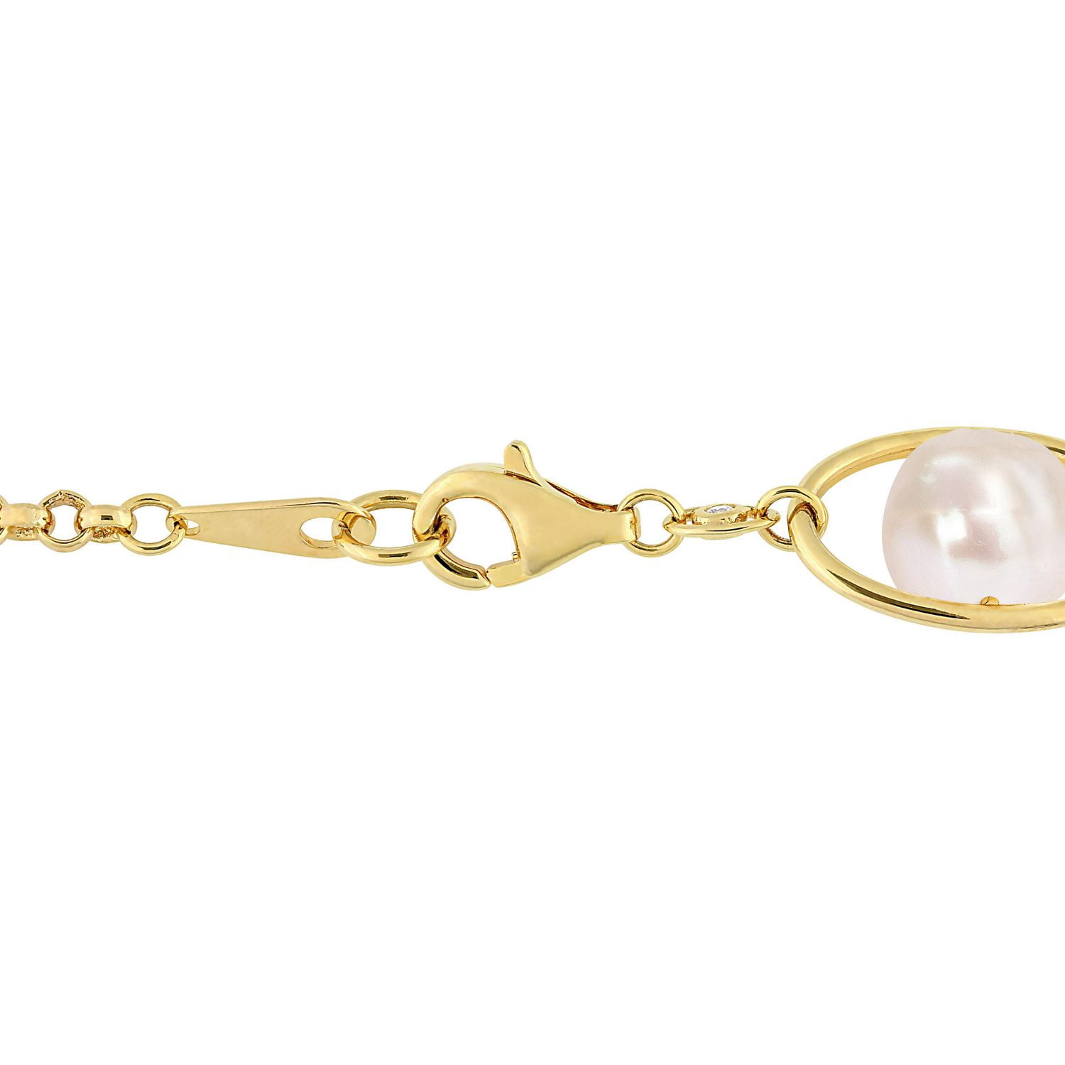 Miabella Freshwater Cultured Pearl and 1/10 Carat T.G.W. Cubic Zirconia Yellow Plated Sterling Silver Station Bracelet