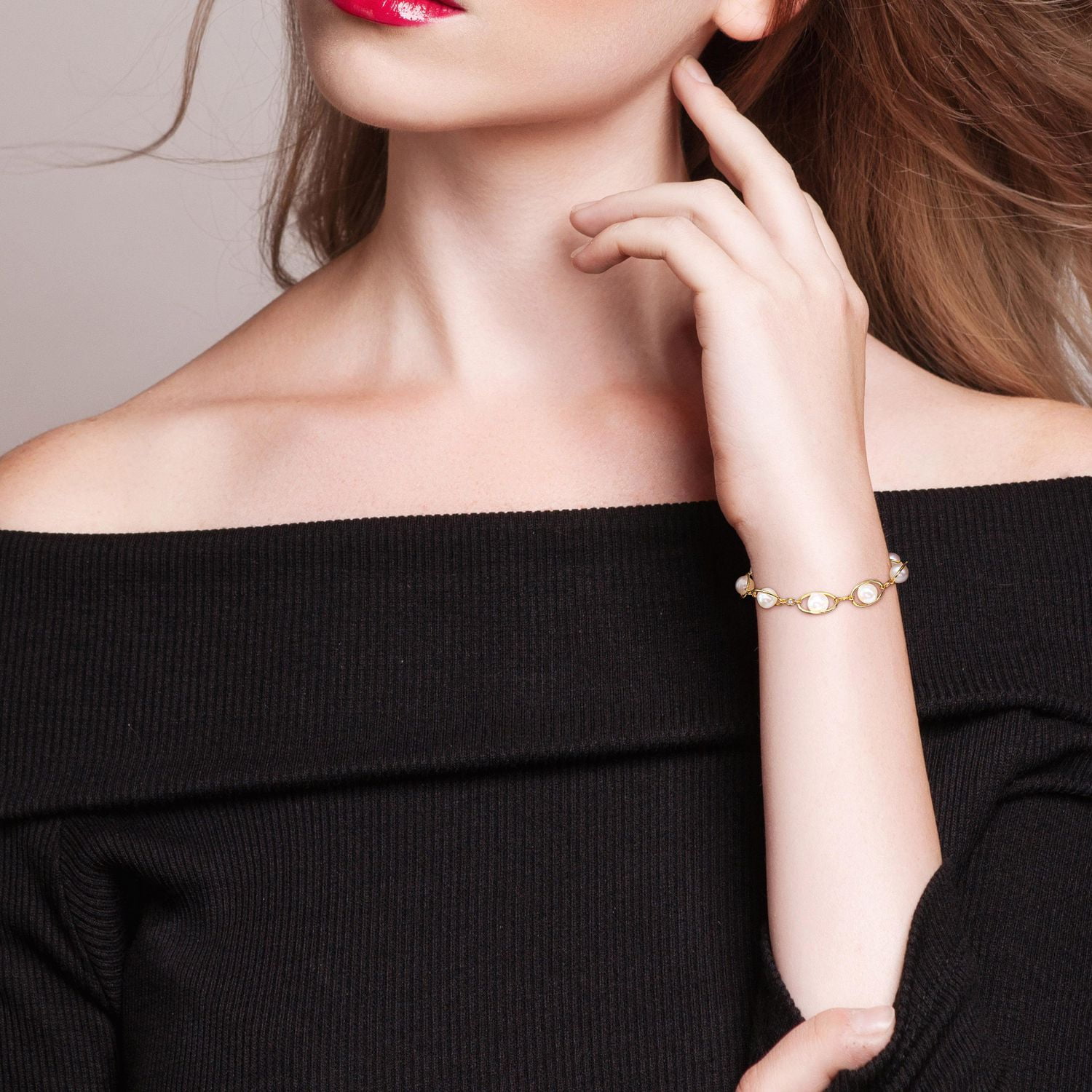 Bracelet station Miabella avec perles d’eau douce cultivées et 1/10 Carat PBT de Zircon cubique en argent sterling plaqué jaune