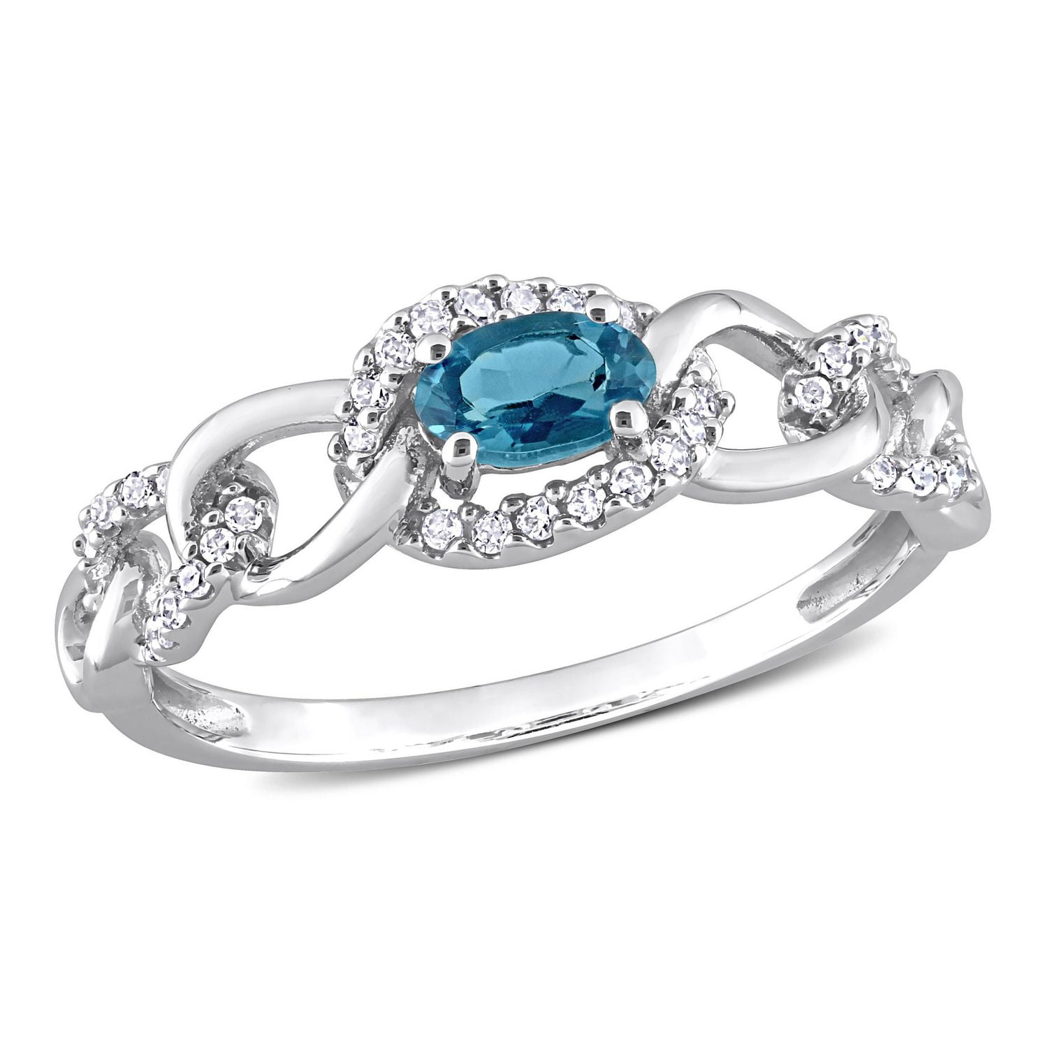 Miabella 1/3 Carat T.G.W. Blue Topaz and 1/8 Carat T.W. Diamond 10K White Gold Oval Link Ring
