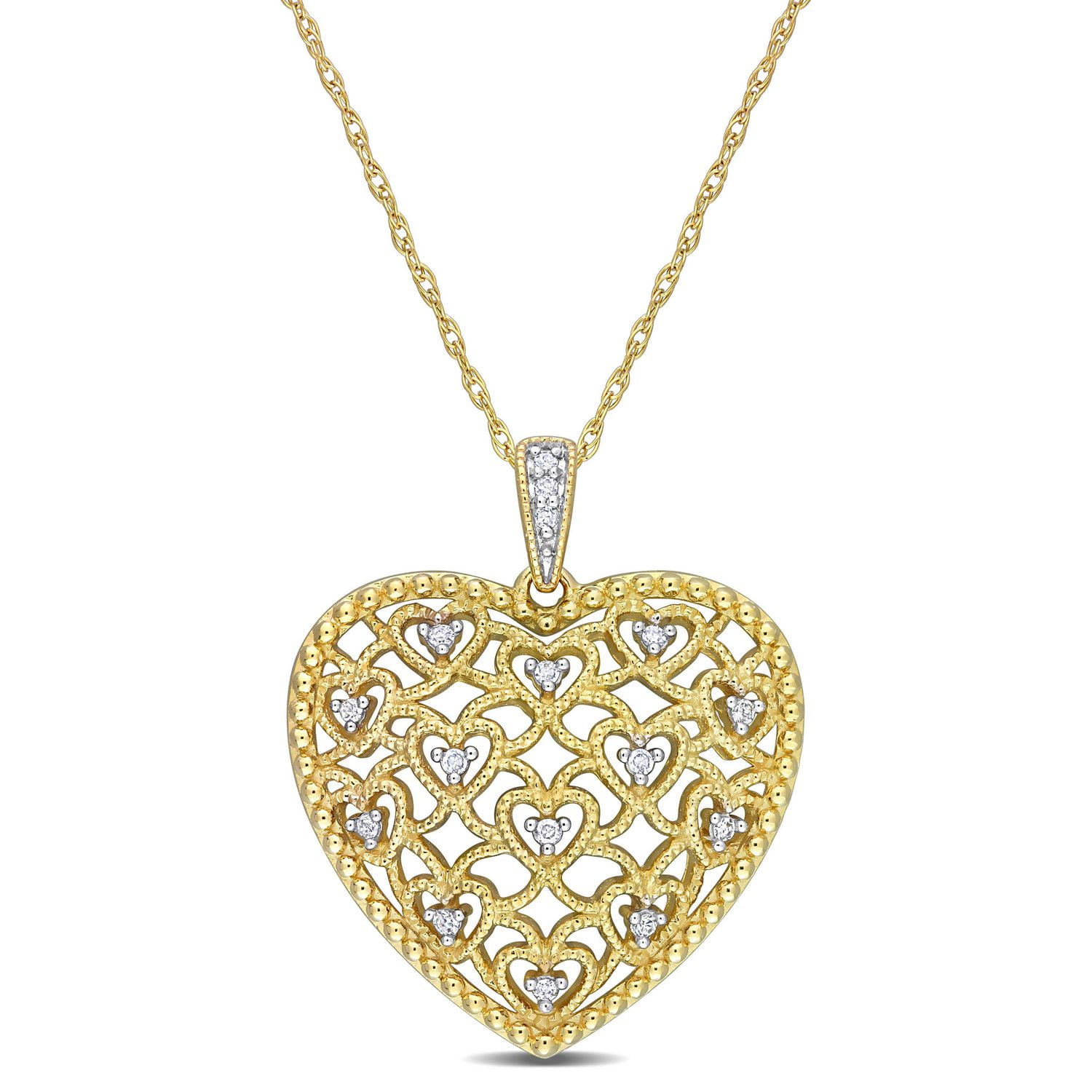 Miabella 1/10 Carat T.W. Diamond 10K Yellow Gold Heart Vintage Pendant with Chain