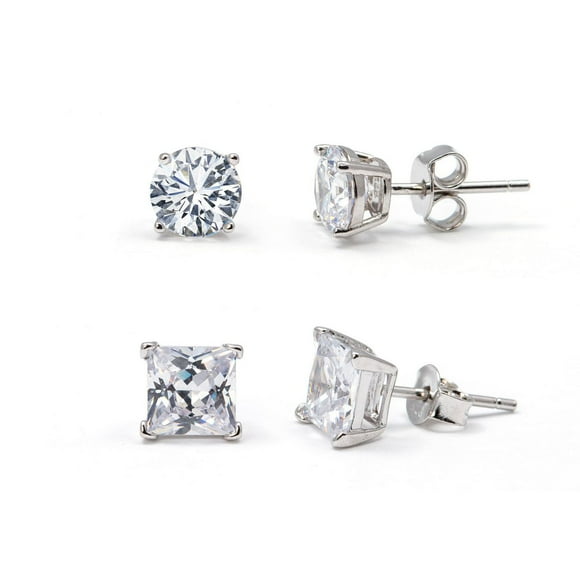 Ensemble de boucles d'oreilles Charismas en argent sterling avec oxydes de zirconium carrés et ronds de 6 mm
