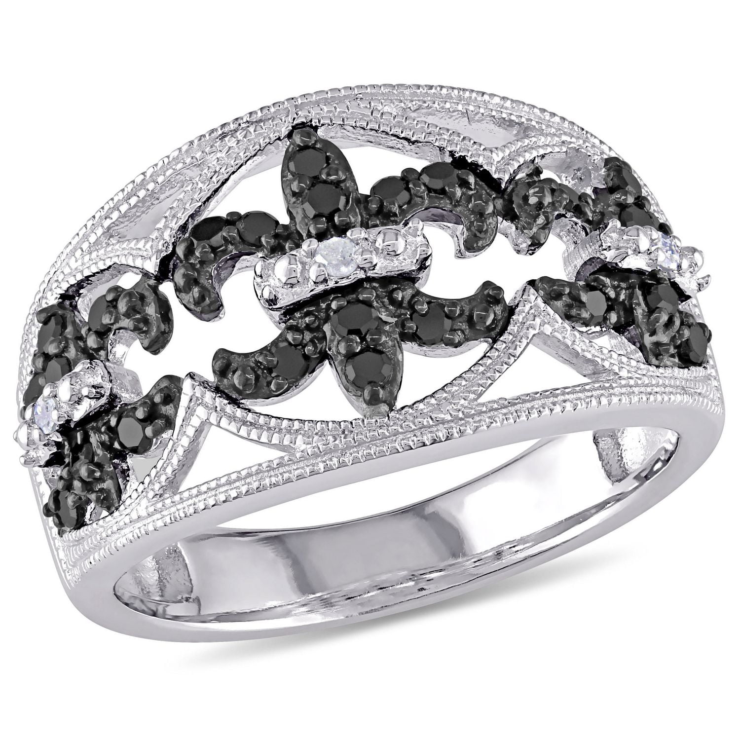 Bague fleur de lys Asteria avec diamants noirs et blancs 1/4 CT poids total en argent sterling